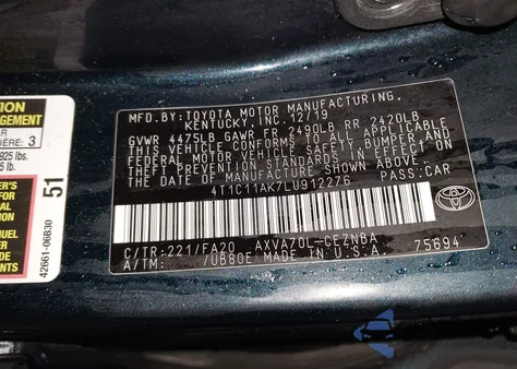 2020 Toyota Camry Le z USA, uszkodzony, nr VIN 4T1C11AK7LU912276